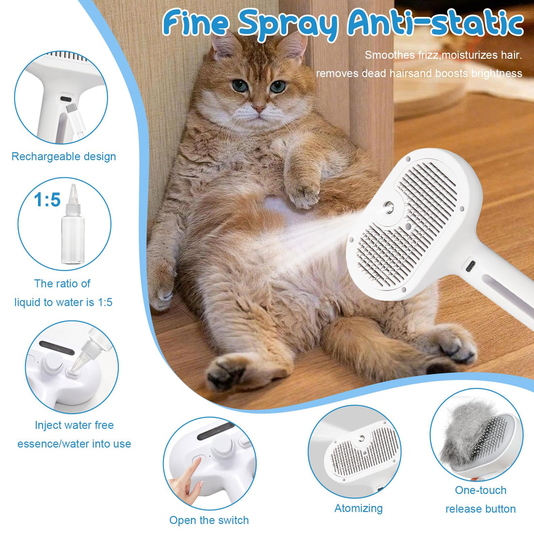 Pet Steam Brush Self-Cleaning Cool Mist Grooming Comb