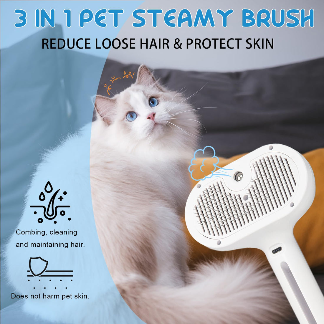 Pet Steam Brush Self-Cleaning Cool Mist Grooming Comb