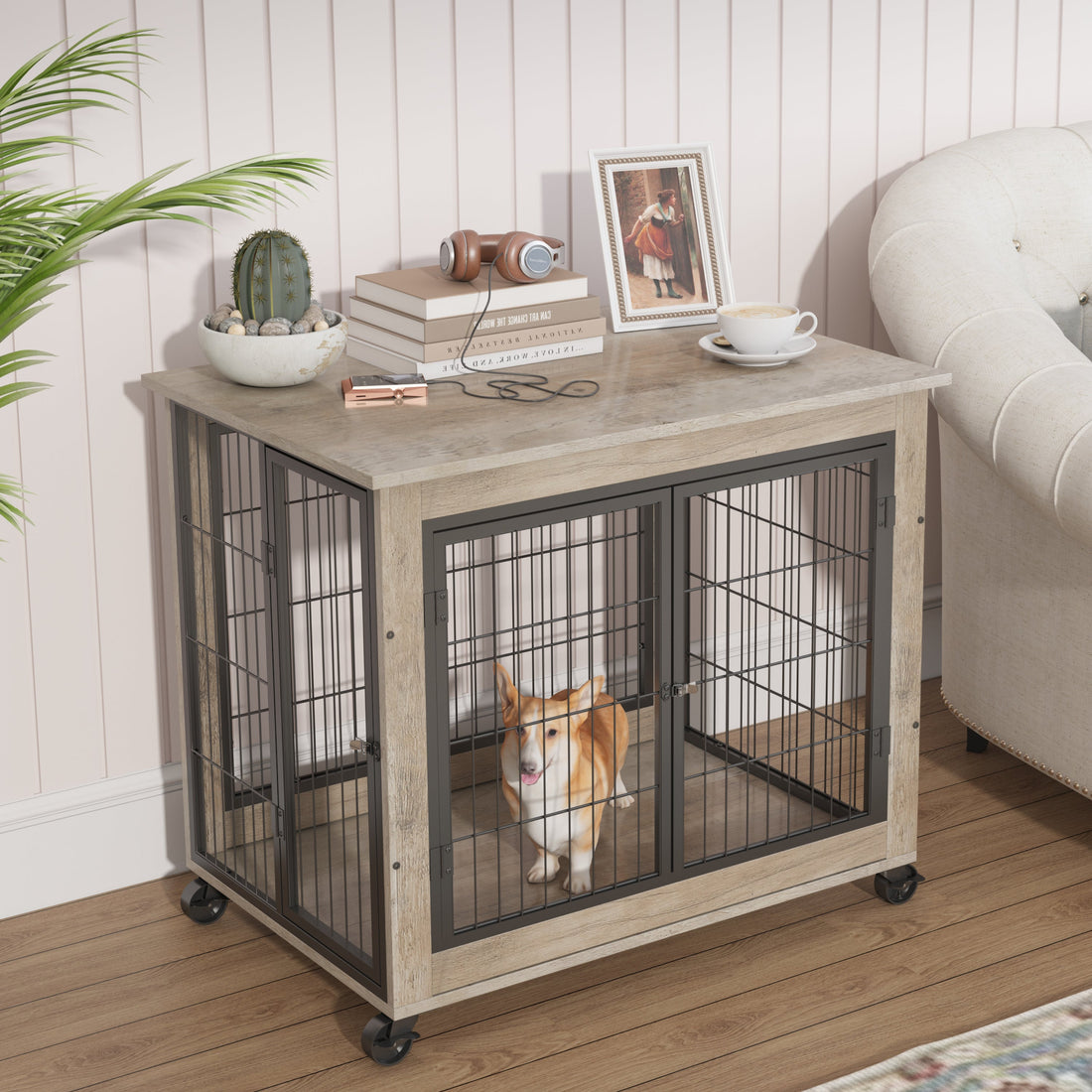 Furniture Dog Cage Crate With Double Doors Casters