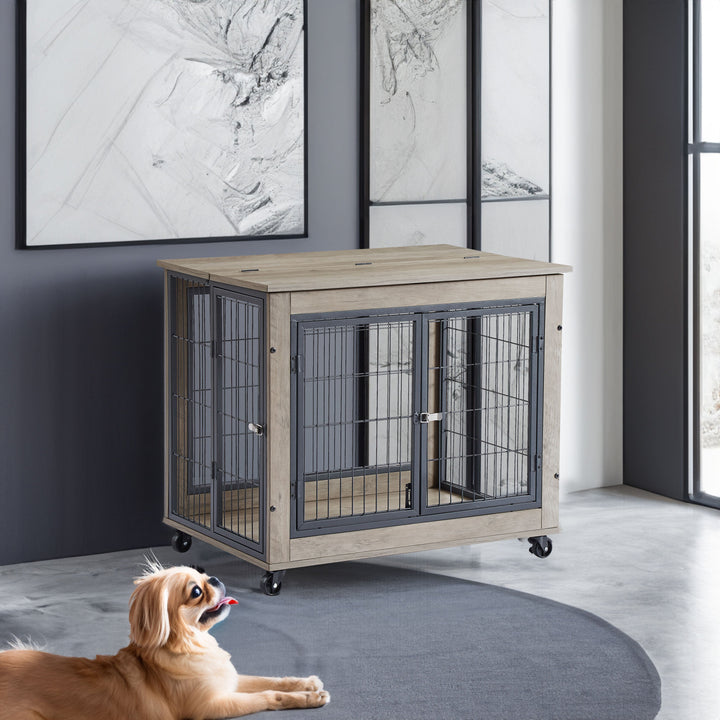 Furniture Dog Cage Crate With Double Doors Casters