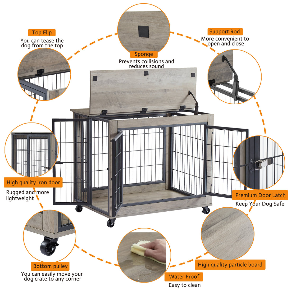 Furniture Dog Cage Crate With Double Doors Casters
