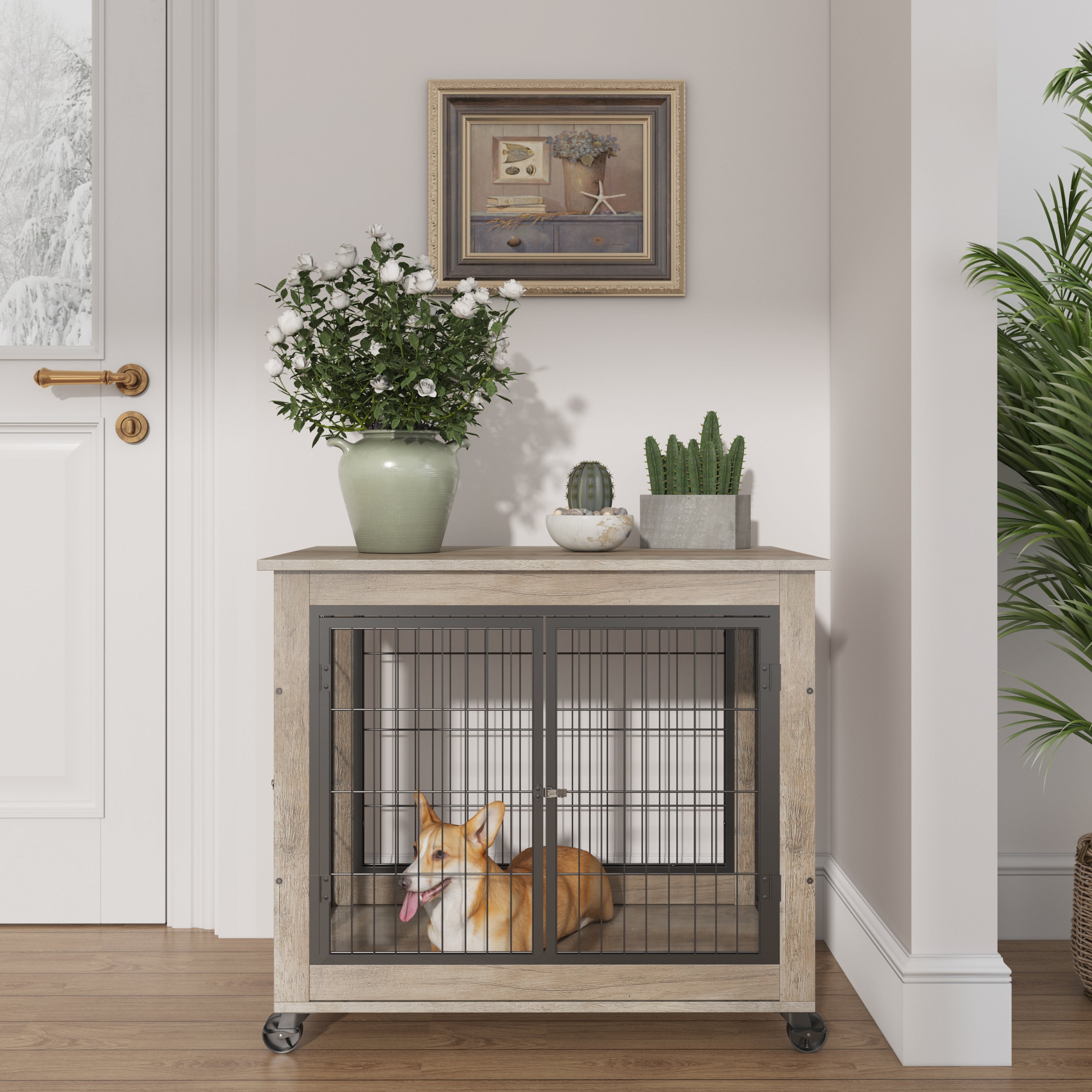 Furniture Dog Cage Crate With Double Doors Casters