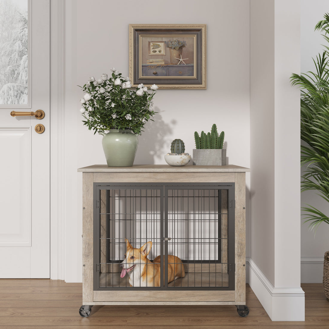 Furniture Dog Cage Crate With Double Doors Casters