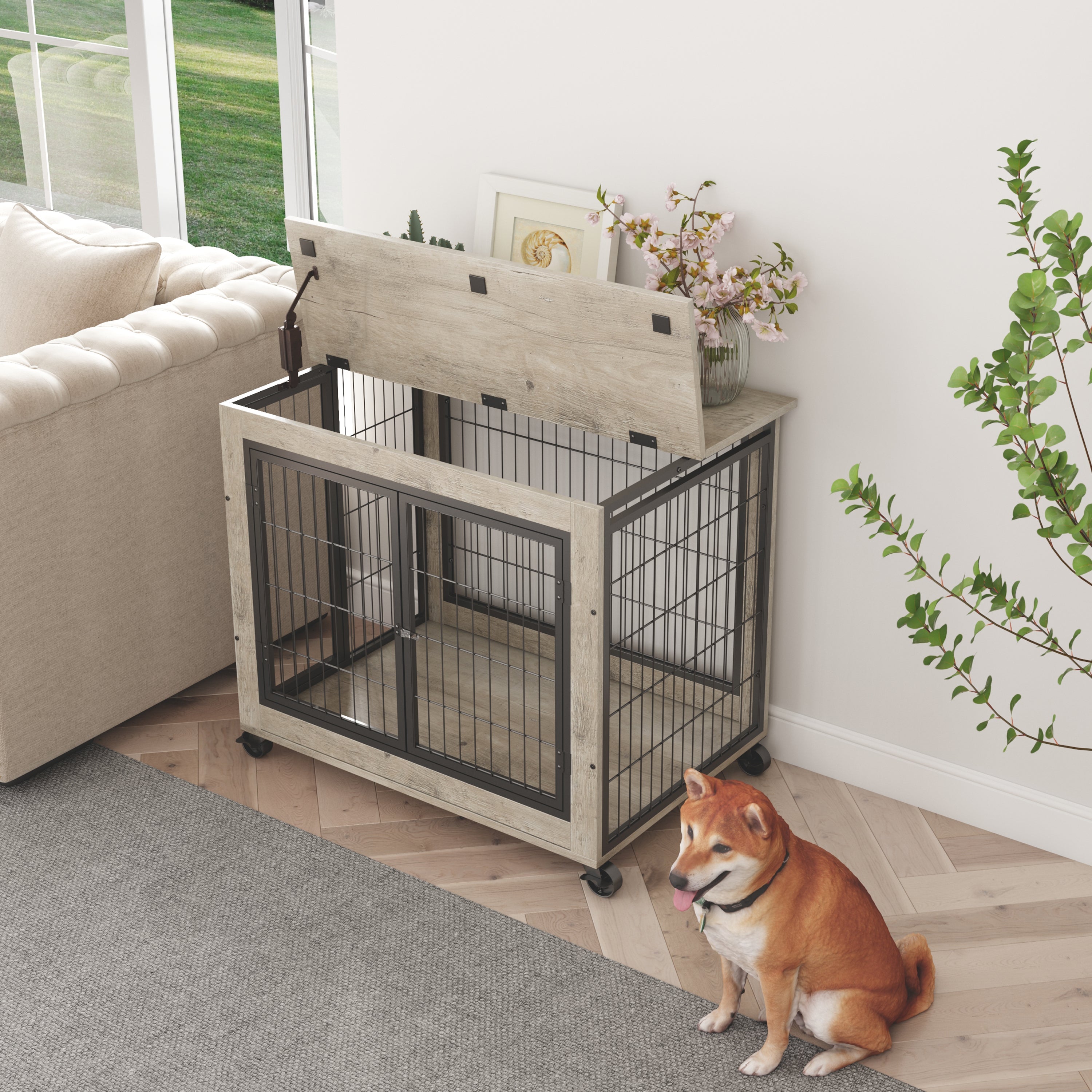Furniture Dog Cage Crate With Double Doors Casters
