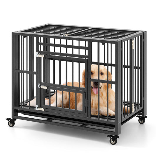 Foldable Heavy-Duty Metal Dog Crate With Lockable Wheels