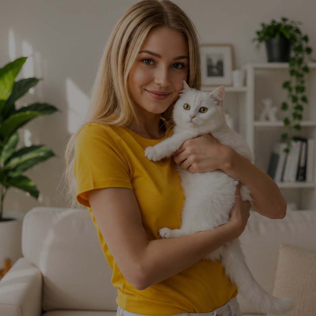 A woman with blonde hair wearing a yellow t-shirt holds a fluffy white cat in a cozy living room setting.