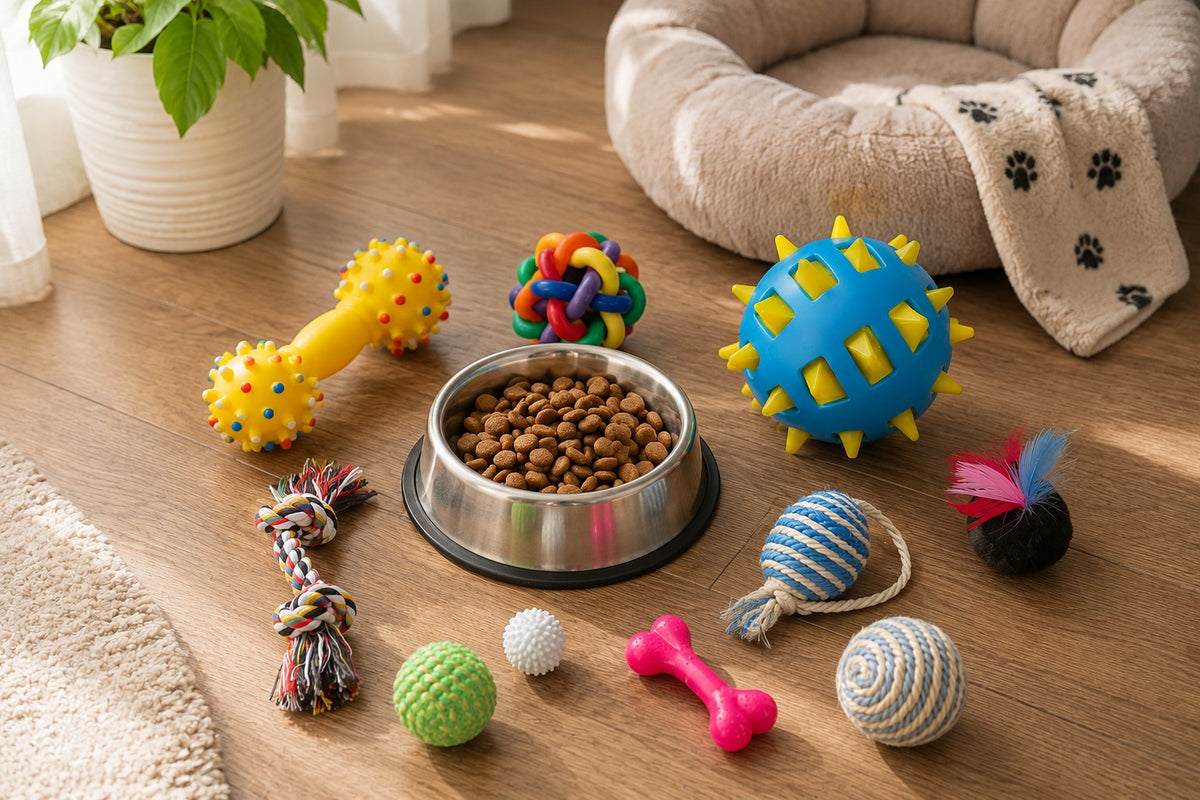 A collection of colorful pet toys arranged around a stainless steel bowl of kibble on a wooden floor, with a pet bed and potted plant in the background.