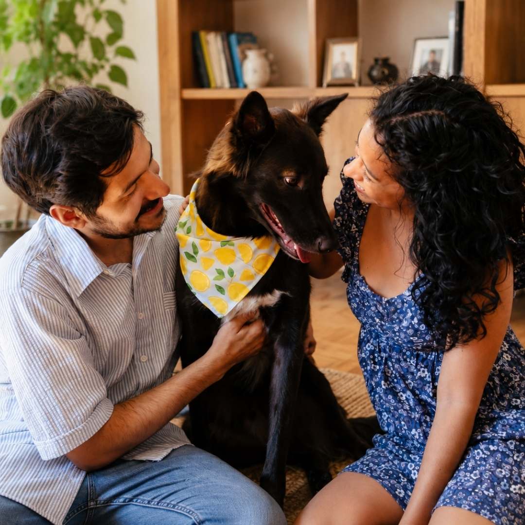 A man and a woman sit on the floor smiling and petting a black dog wearing a yellow lemon-patterned bandana. The scene is set in a cozy home interior with wooden bookshelves in the background.