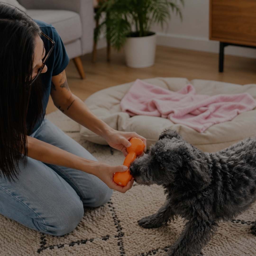 A woman kneels on a patterned rug in a living room, holding an orange tug toy for a small gray curly-haired dog. A beige pet bed with a pink blanket is in the background.