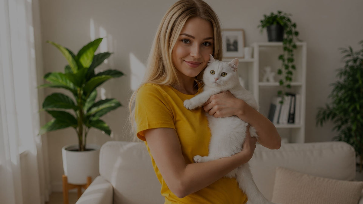 A woman with blonde hair wearing a yellow t-shirt holds a fluffy white cat in a cozy living room setting with a sofa and potted plants in the background.